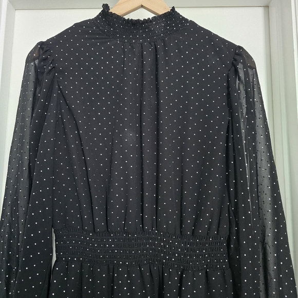 1 State Smocked Ruffle Dress in Black and Silver Polka Dots Size M - Picture 3 of 6